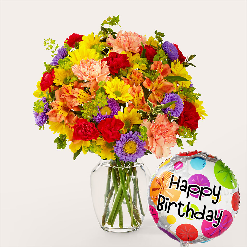 Kaleidoscope Bouquet with Birthday Balloon – Murphy Florist, Cincinnati OH