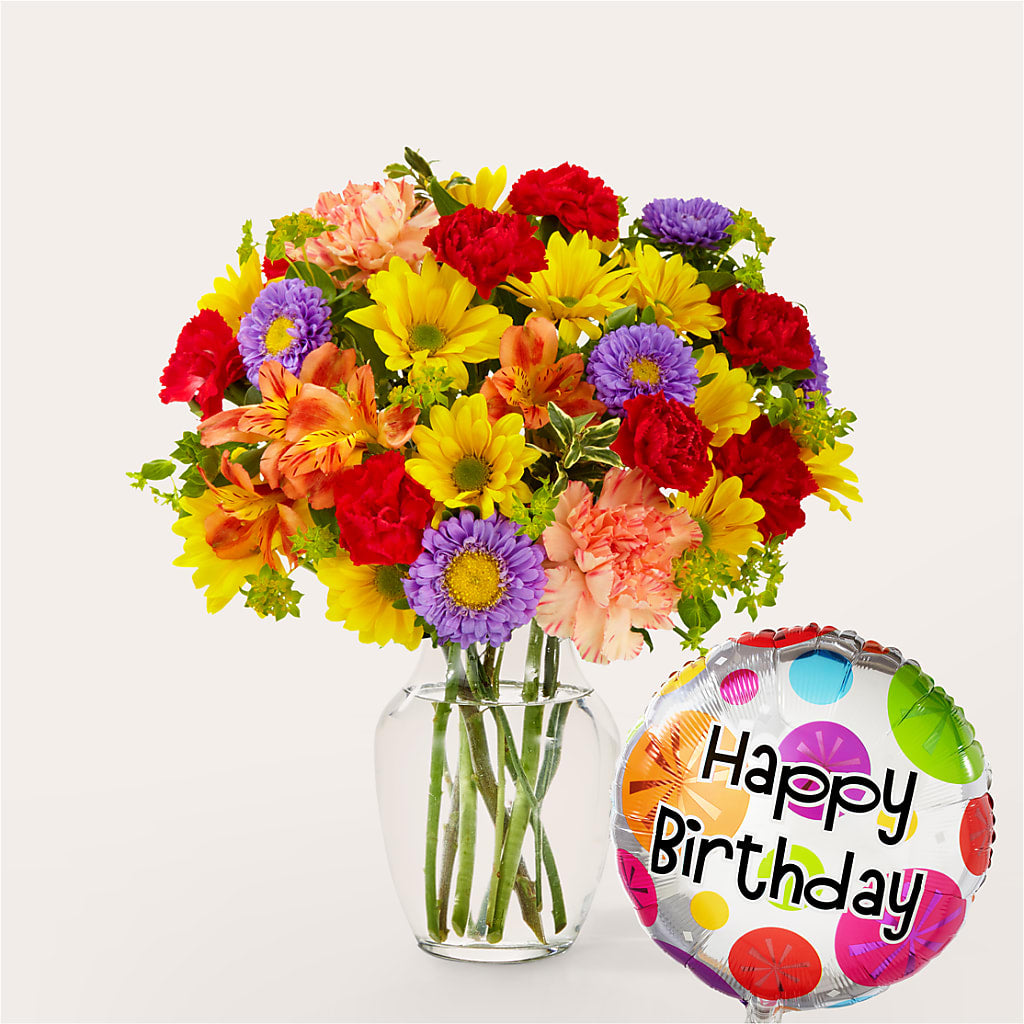 Kaleidoscope Bouquet with Birthday Balloon – Murphy Florist, Cincinnati OH