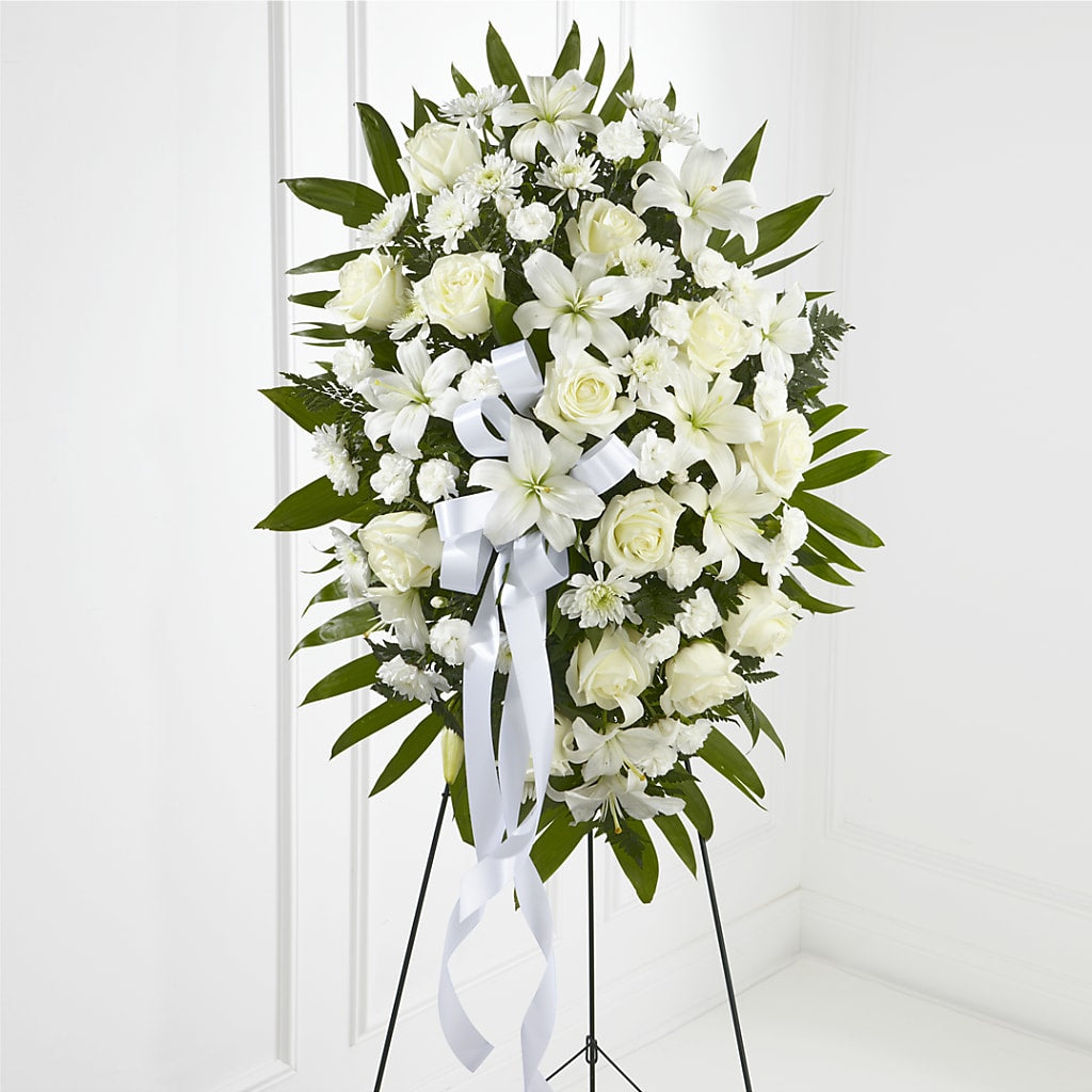 Exquisite Tribute Standing Spray-White Ribbon – Murphy Florist, Cincinnati OH